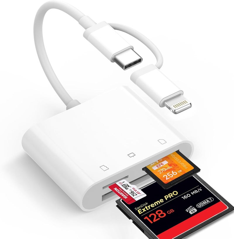 Denlane CF SD Card Reader for iPhone iPad Mac Dual Connector (Lightning & USB C), Digital Camera Memory Card Adapter to iPhone with Compact Flash/SD/MicroSD 3 Slot, Plug&Play for Android Phone Laptop - Image 1